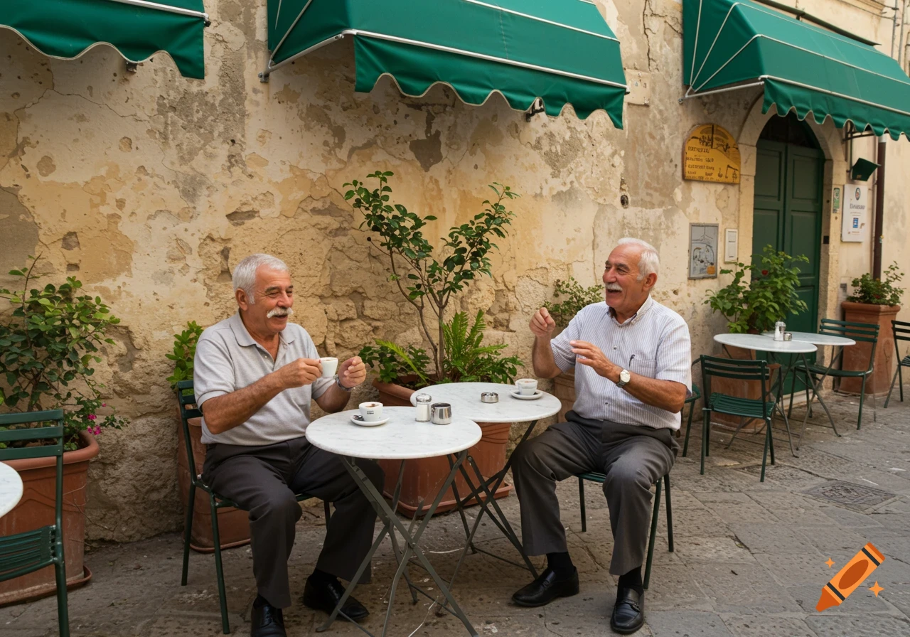 Two older men drink espresso at outdoor tables on an Italian street.