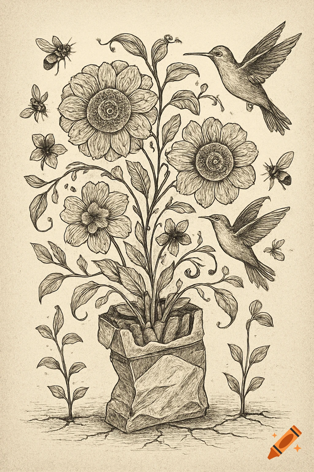 A botanical etching of a plant growing from a paper bag with flowers, leaves, vines, hummingbirds, and insects.