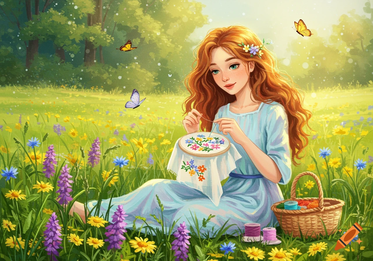 A girl with red hair sits in a field of wildflowers and butterflies, embroidering a floral pattern.