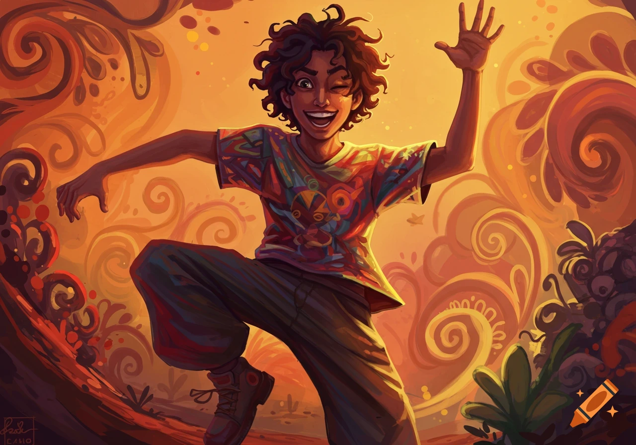 A person with curly hair jumps joyfully, smiling and winking, against a vibrant orange background with swirling organic shapes, in a digital painting style.