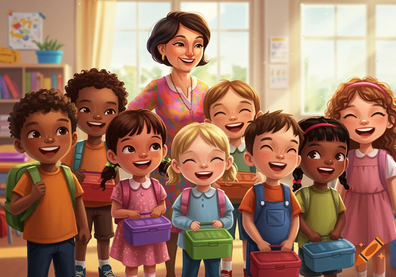 Diverse children with lunchboxes and a teacher smile in a sunny classroom.