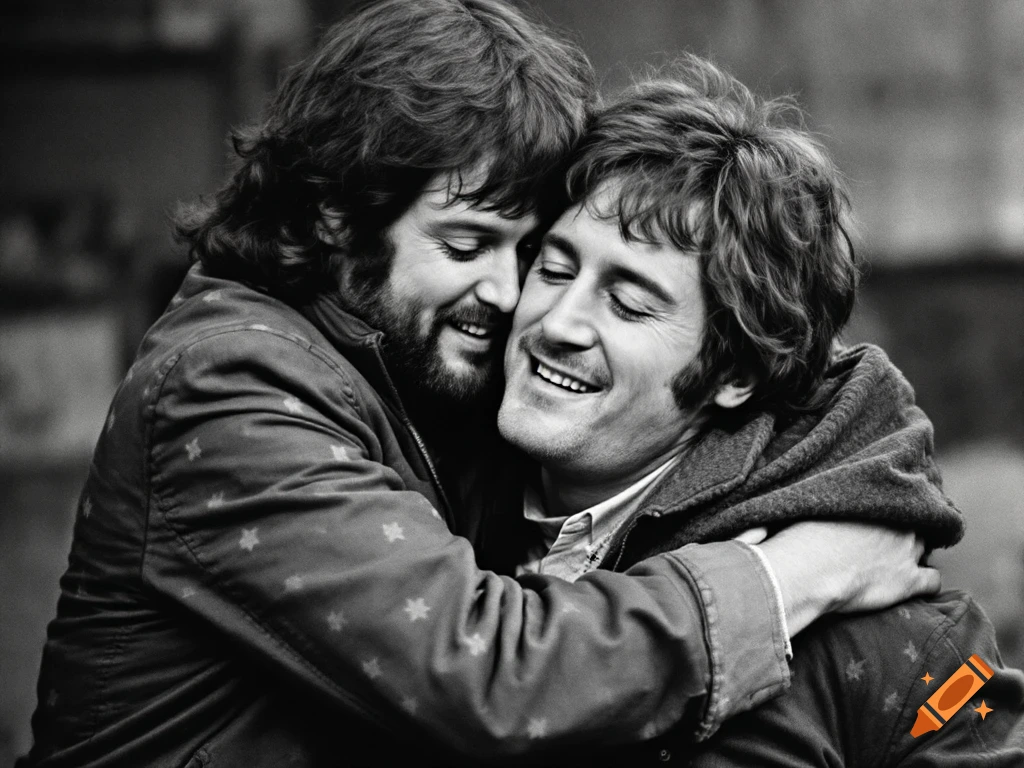 Black and white photo of two men hugging and smiling.