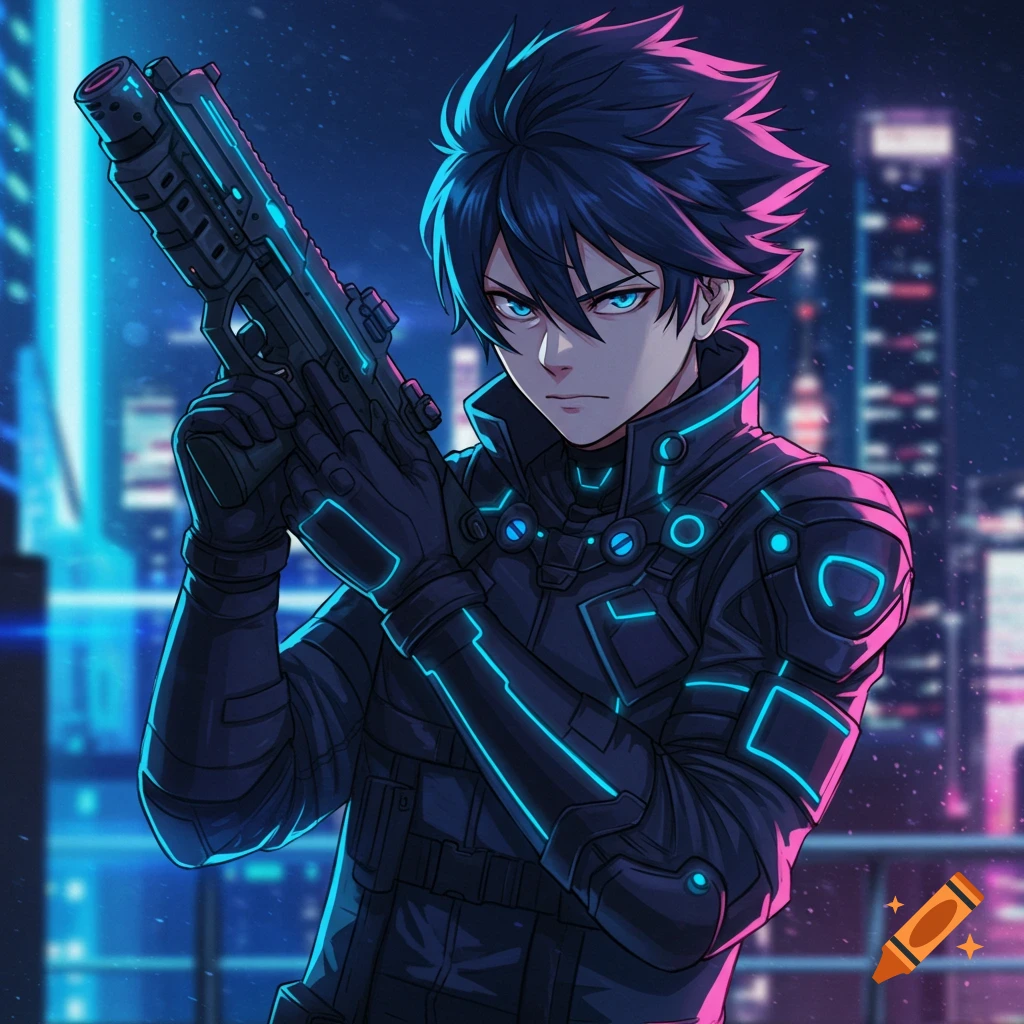 Anime character holding a futuristic gun in a cyberpunk city at night.