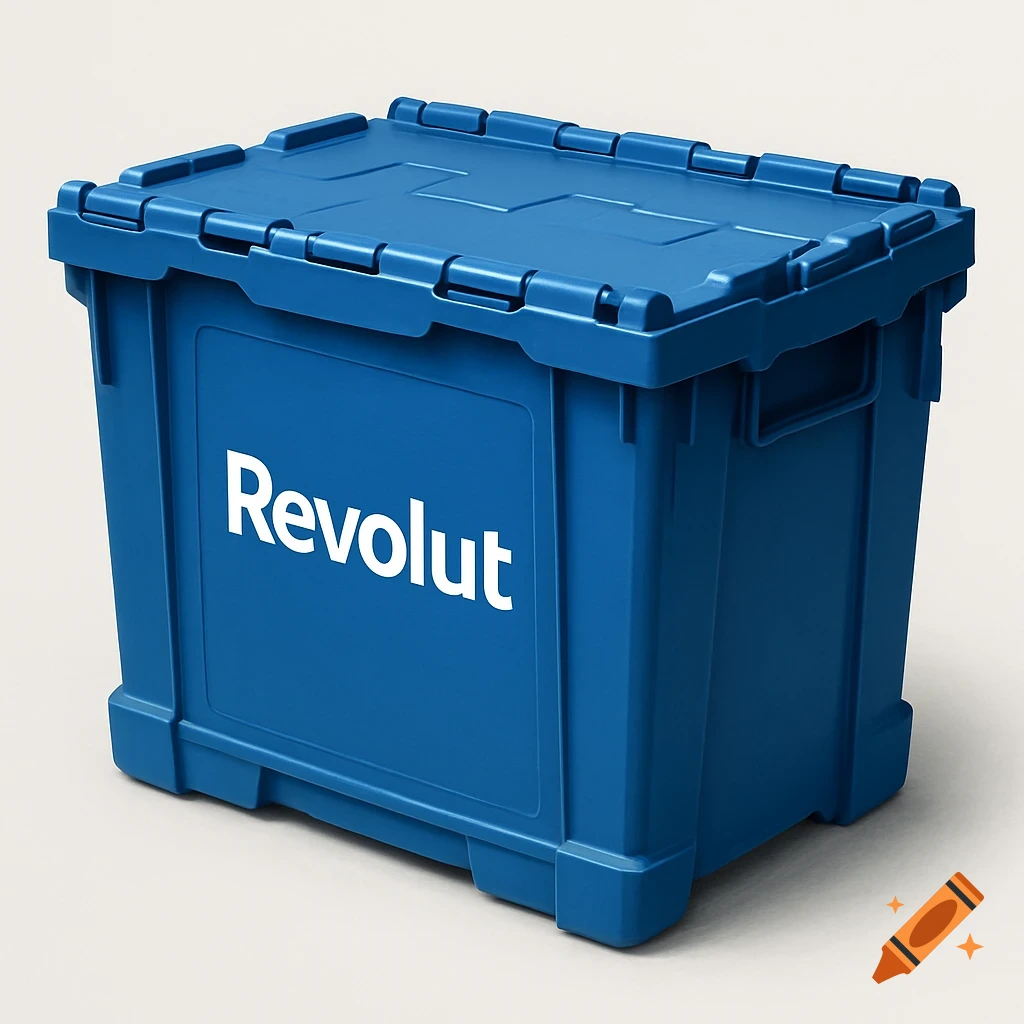 A blue plastic storage box with the Revolut logo.