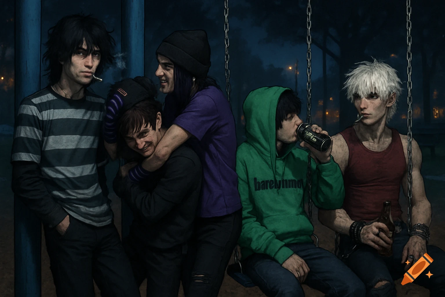 Group of emo/scene boys hanging out in a park at night, smoking and drinking.