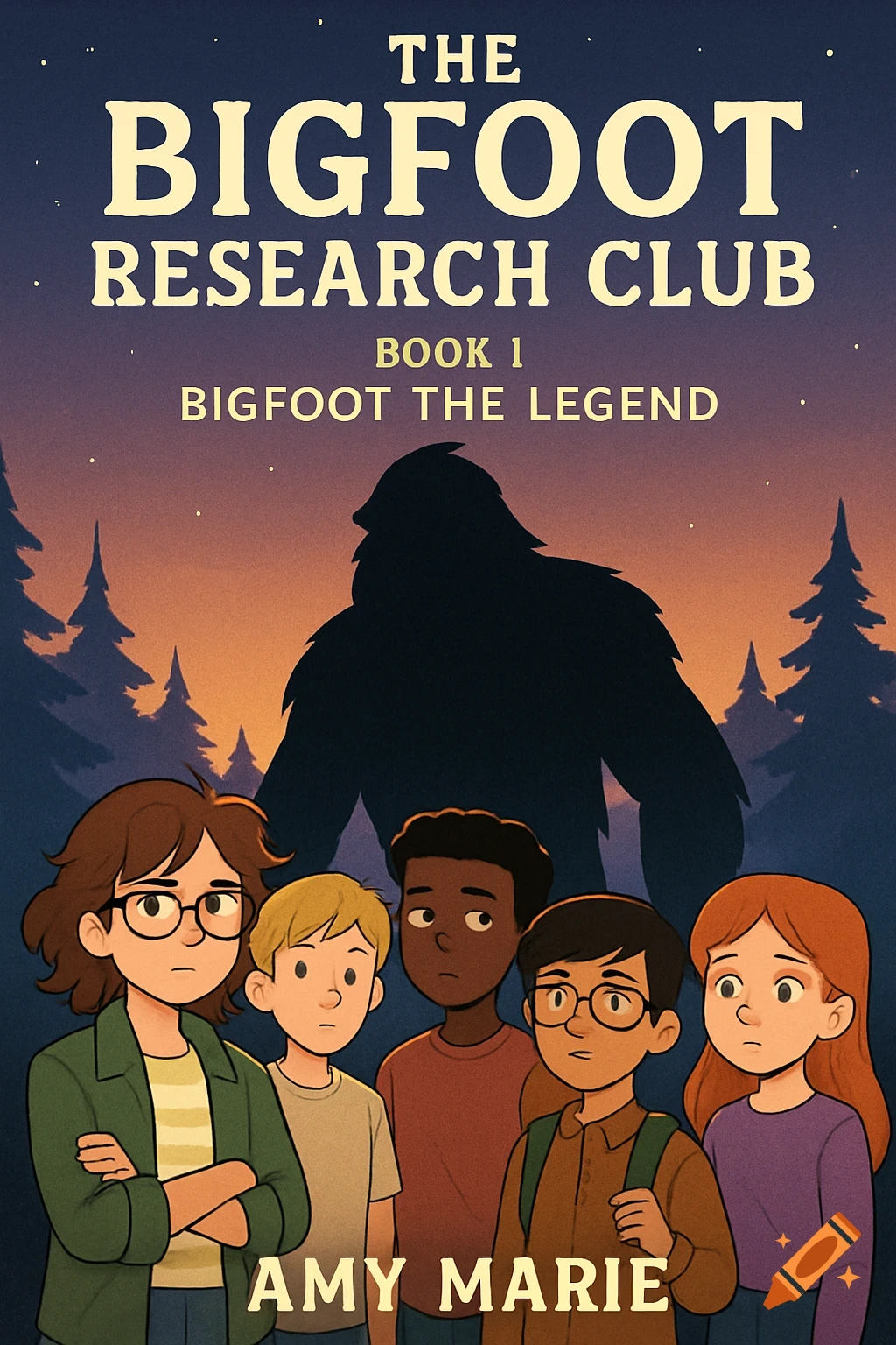 Cartoon book cover for The Bigfoot Research Club featuring five kids and a Bigfoot silhouette in a forest at night.