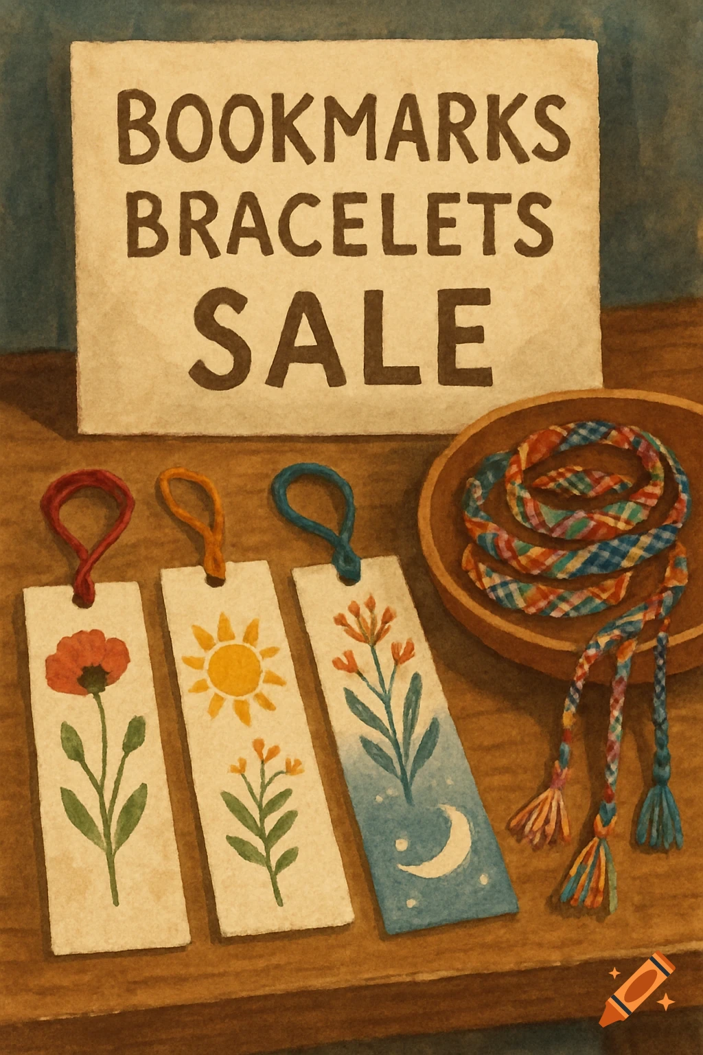 Watercolor illustration of a bookmark and bracelet sale sign with decorated bookmarks and bracelets on a wooden table.