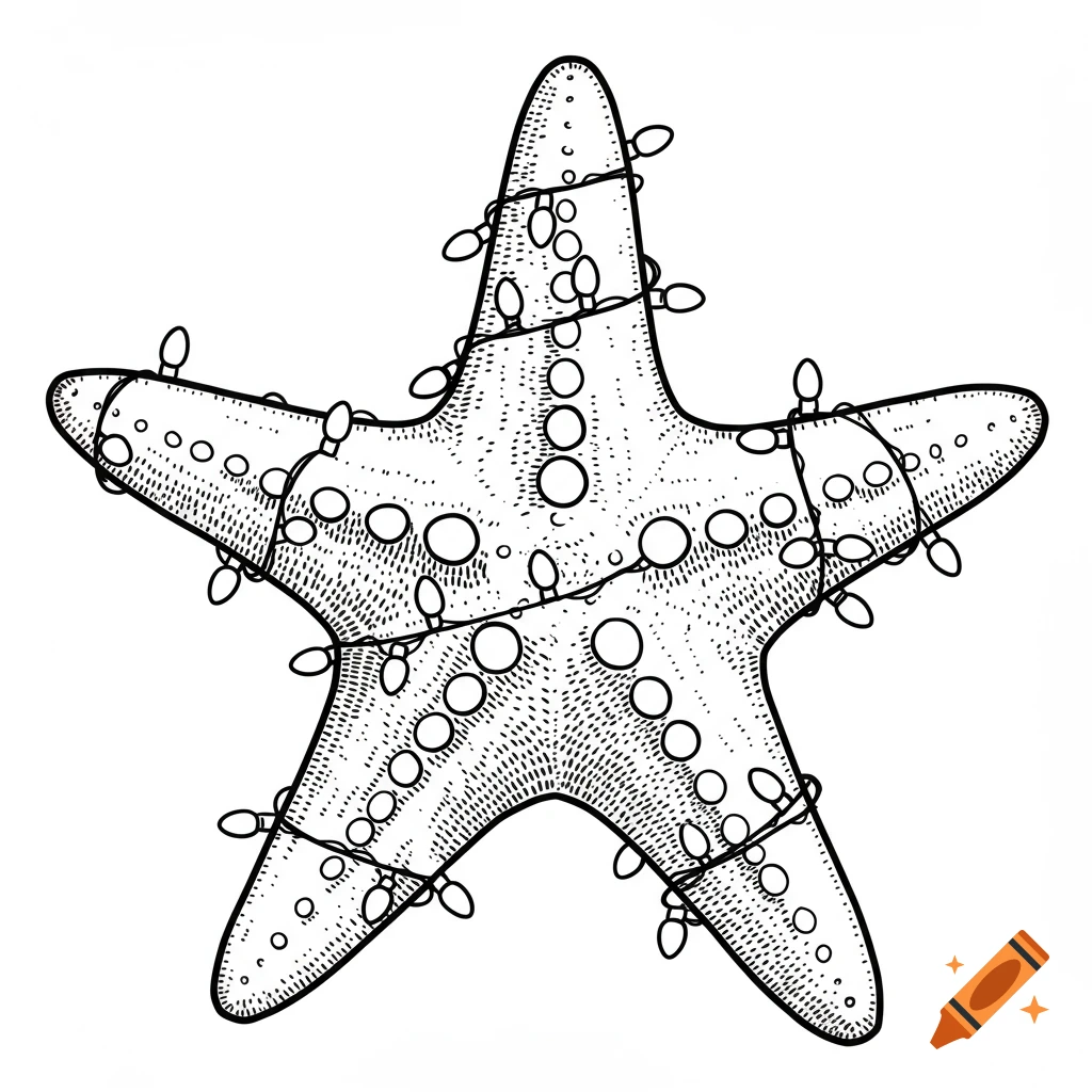 Black and white line drawing of a starfish wrapped in Christmas lights.