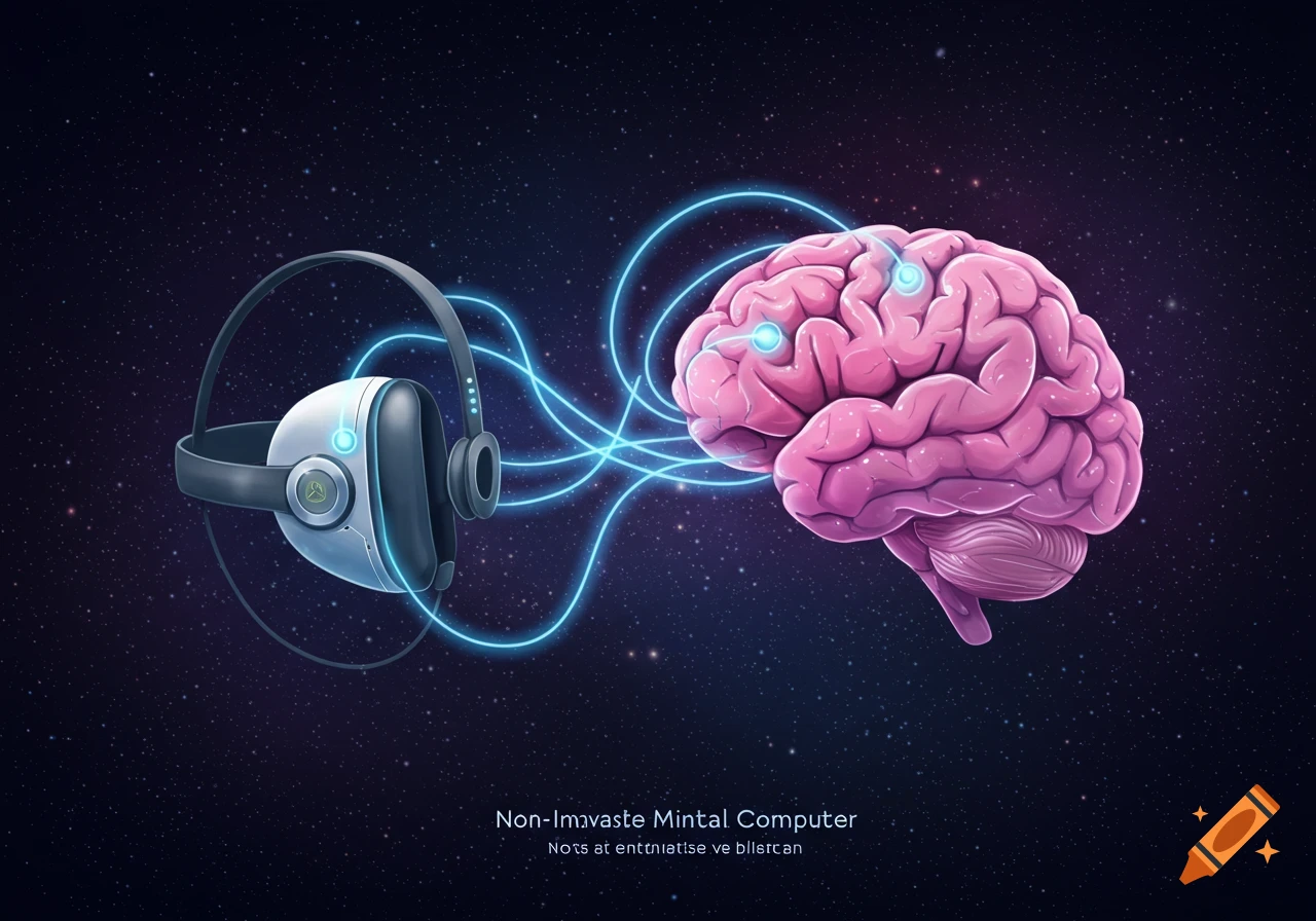 Illustration of a brain connected to futuristic headphones by glowing lines in space.