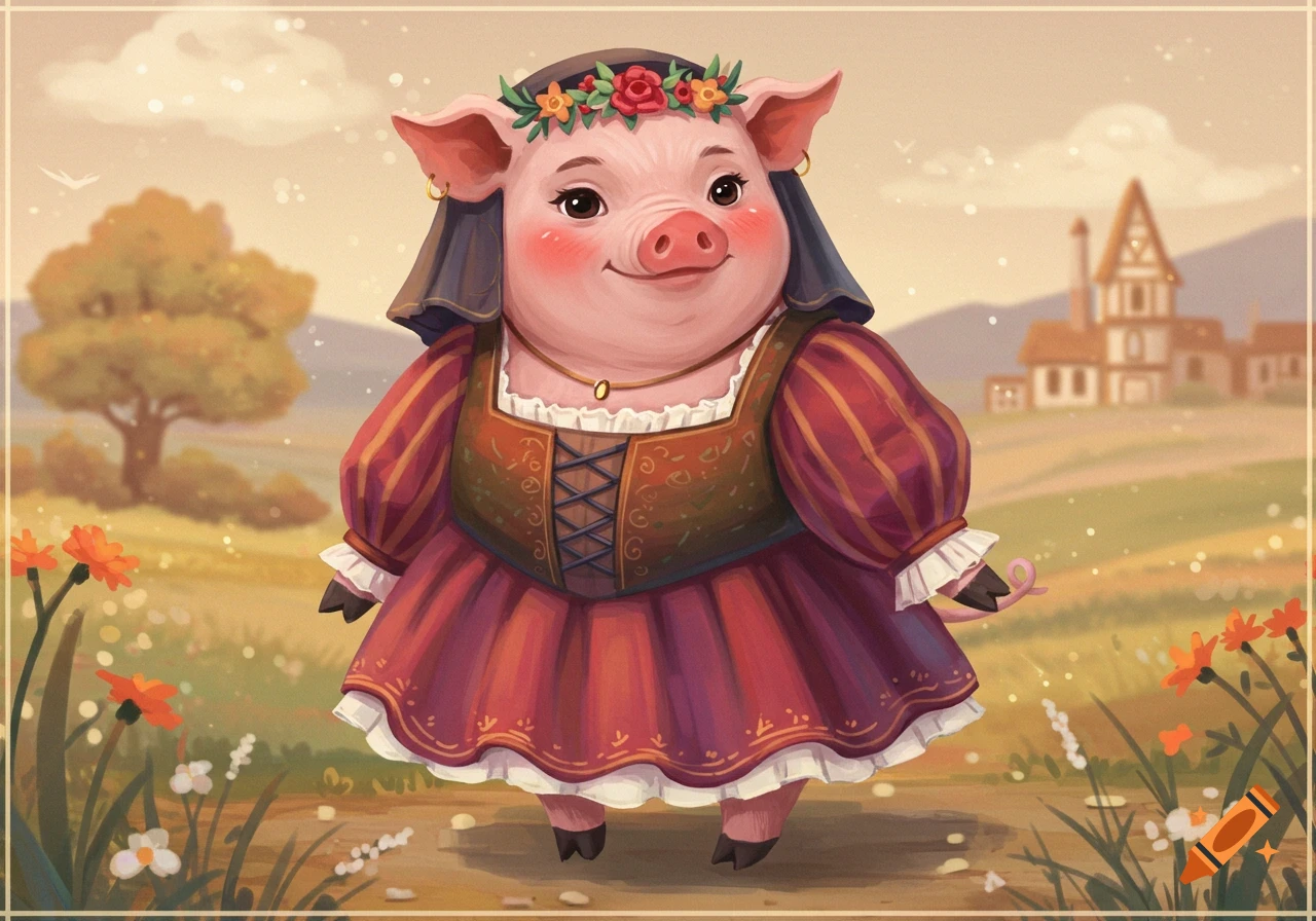 A cute anthropomorphic pig in a medieval dress stands in a field.