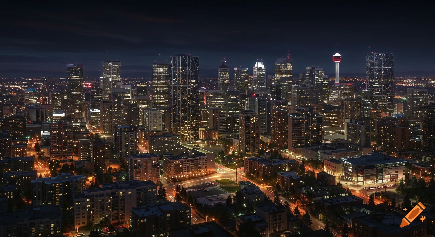 Aerial view of the Calgary skyline at night, with illuminated buildings and the Calgary Tower