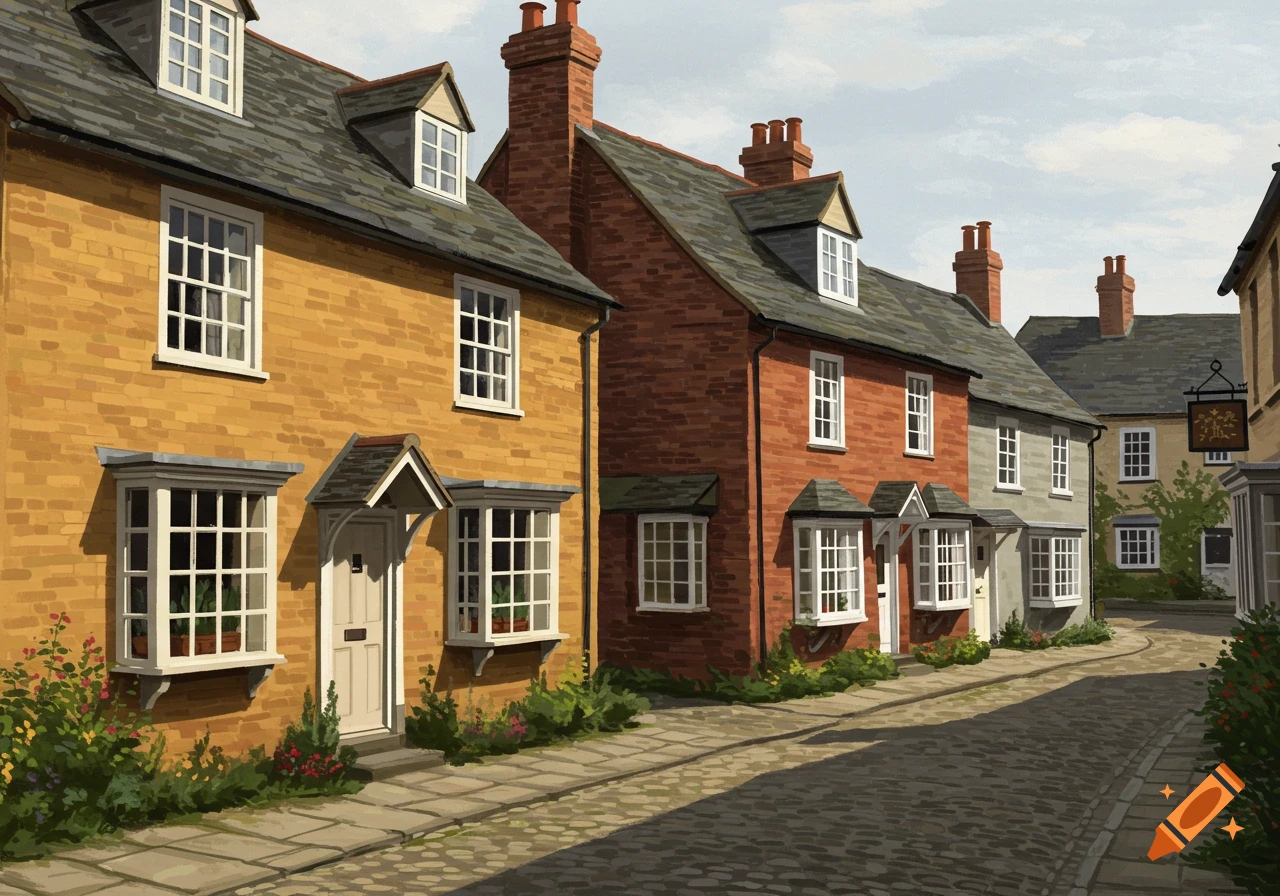 Digital painting of a row of traditional brick houses with white windows along a cobblestone street.