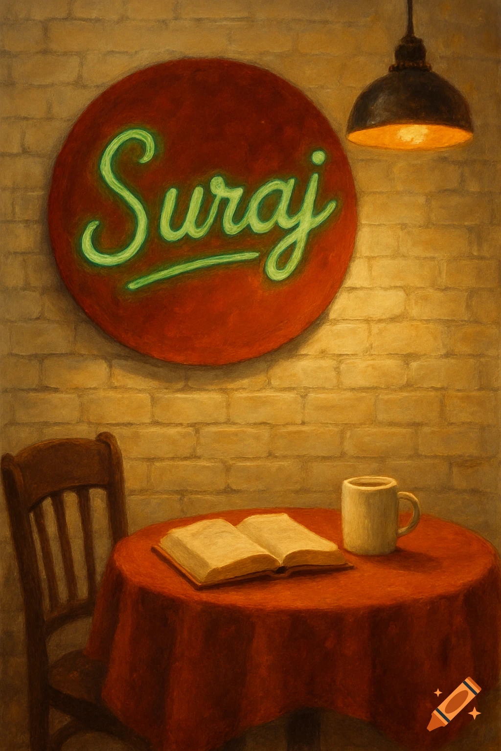 Cafe table with book and coffee mug under a sign that reads Suraj, painted style.