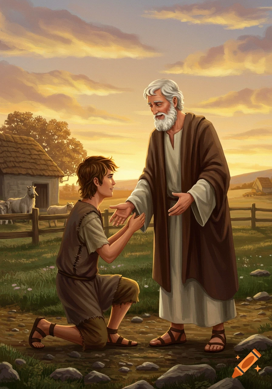 Young man kneels before an older man reaching out to him in a rural field at sunset, illustration style.