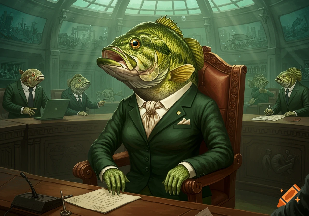 Anthropomorphic bass in a suit sits at a table with other fish in suits in an underwater meeting room.