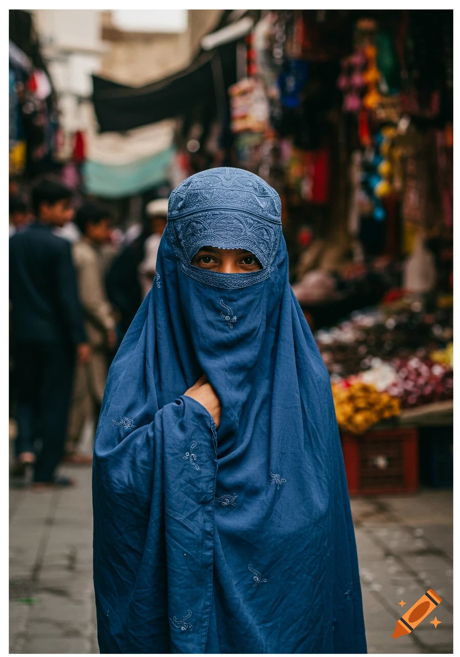 Woman in a blue burqa standing in a bustling market street.