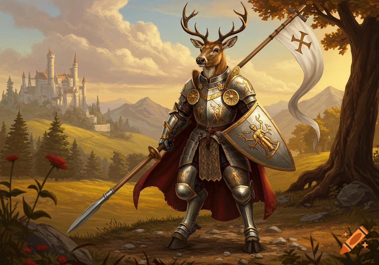 Deer-headed knight in armor with spear and flag in a fantasy landscape with castle