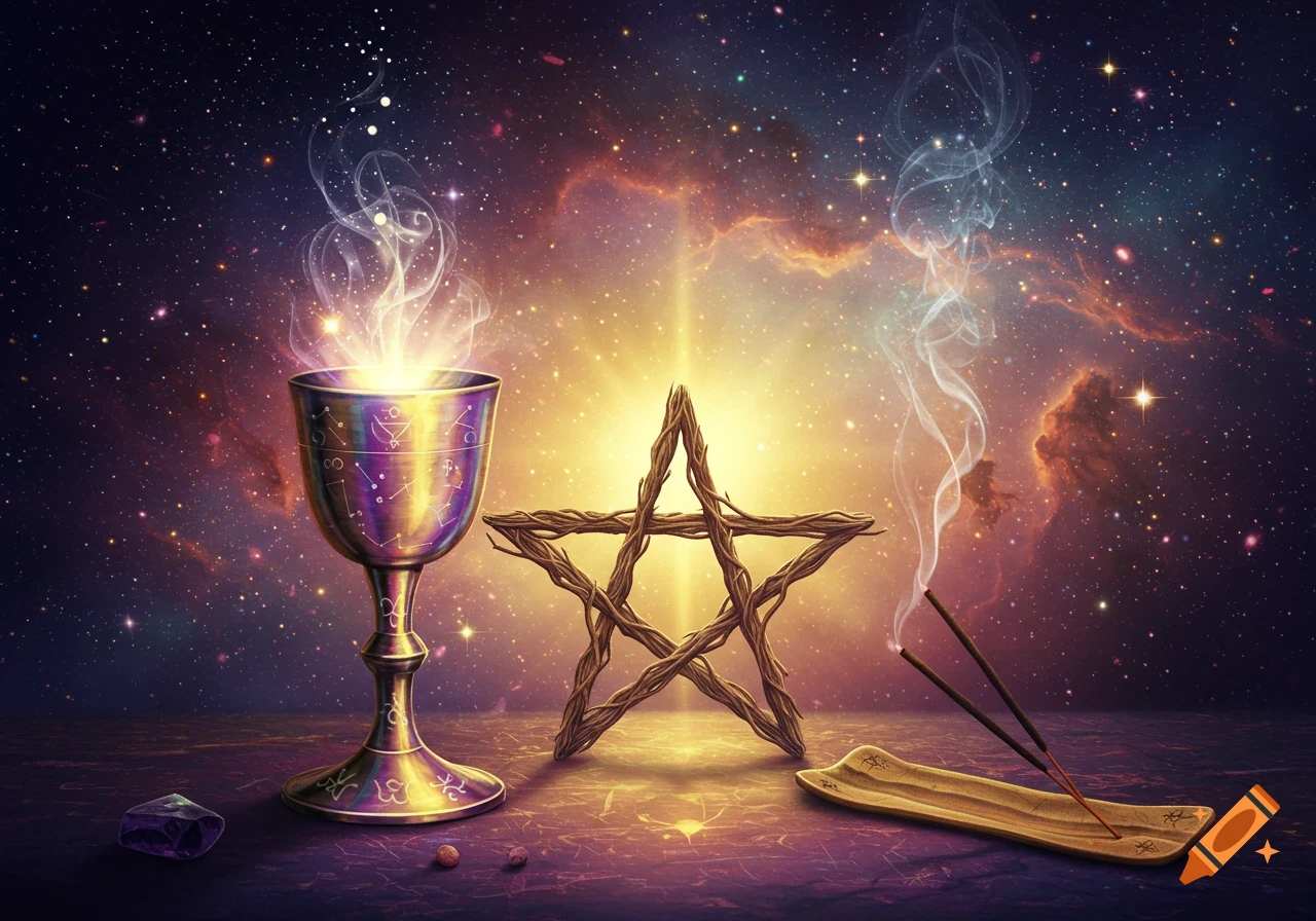 A chalice, wooden pentagram, and incense against a starry cosmic background.