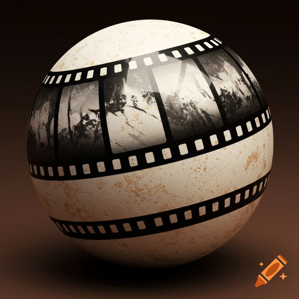 A 3D rendering of a textured sphere wrapped with a cinematic film negative pattern.