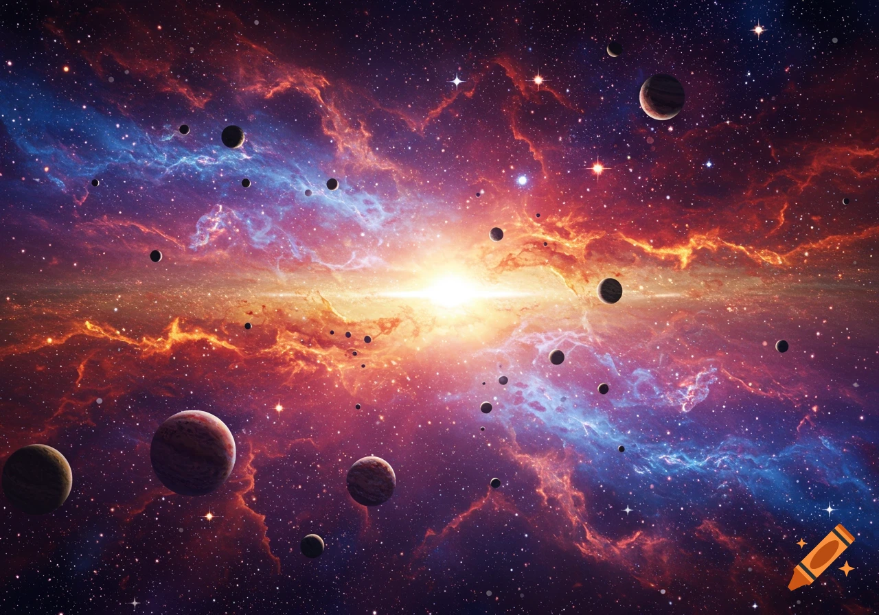 A colorful nebula with planets and stars.