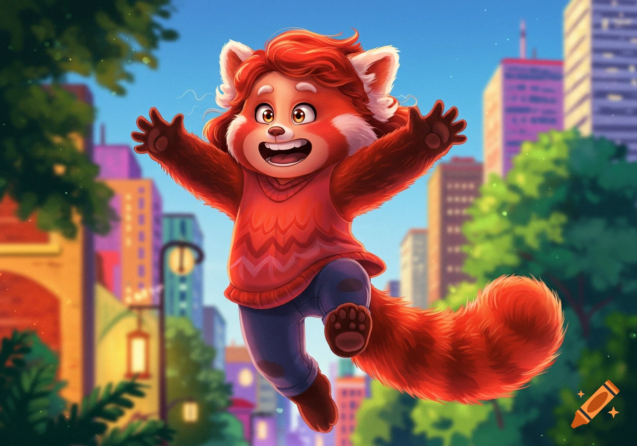 Cartoon red panda character jumps excitedly in a city street