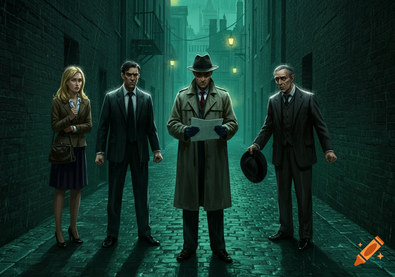 Four people, including a detective, stand in a dark, rainy alley.