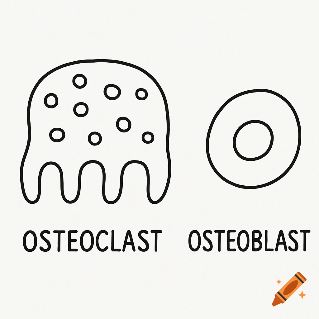 Outline drawing of an osteoclast and an osteoblast with labels.