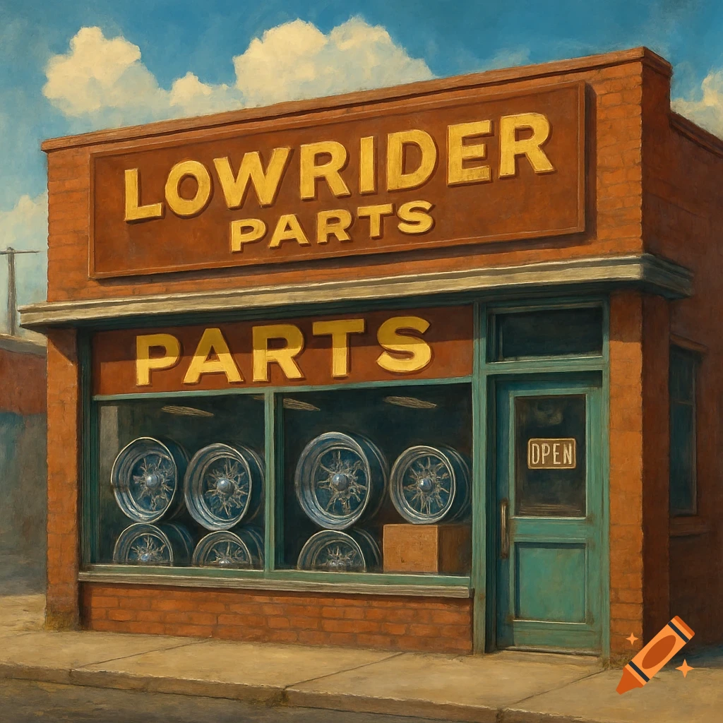 Painted image of a lowrider parts store storefront with wheels displayed in the window.