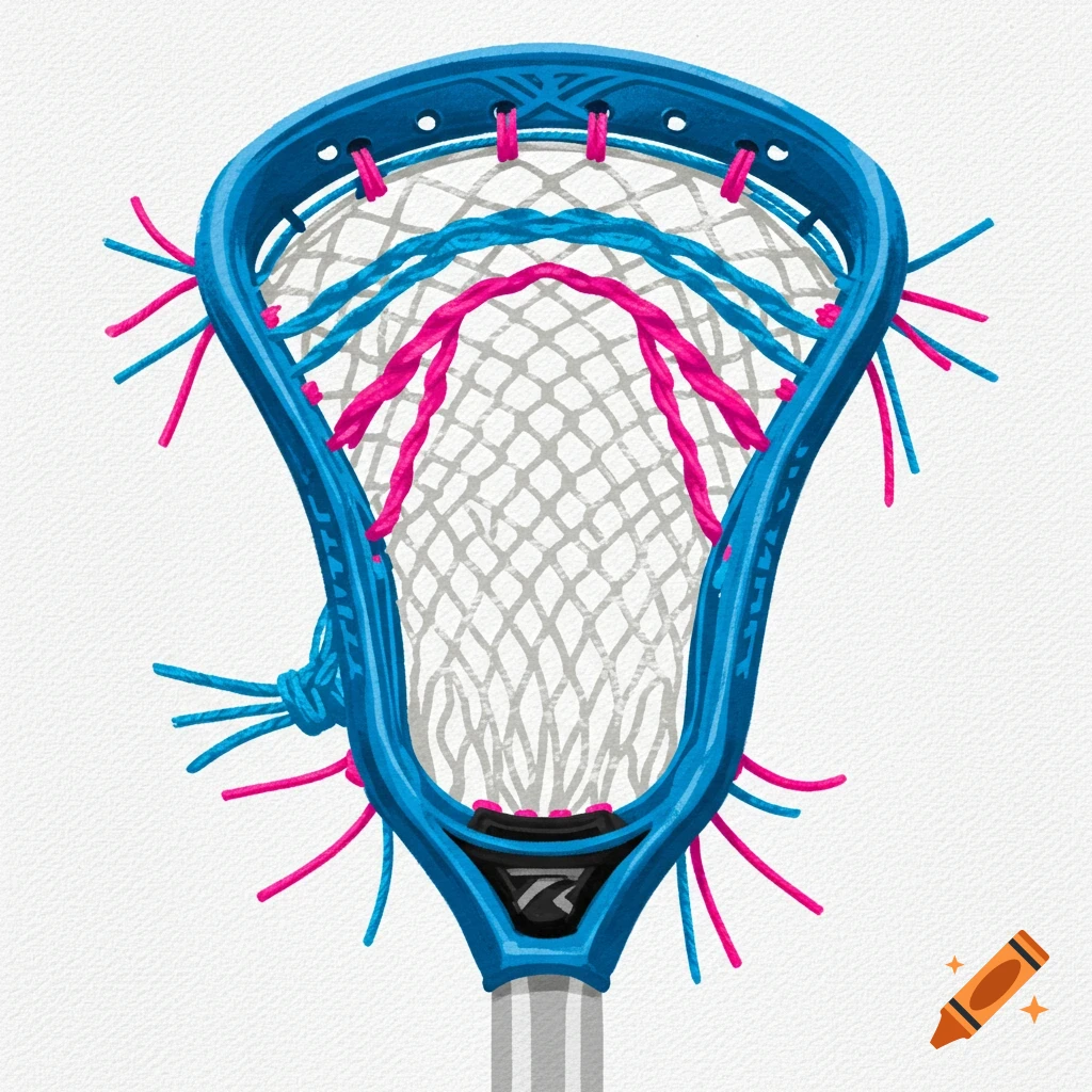 Illustration of a blue lacrosse stick head with pink and blue strings