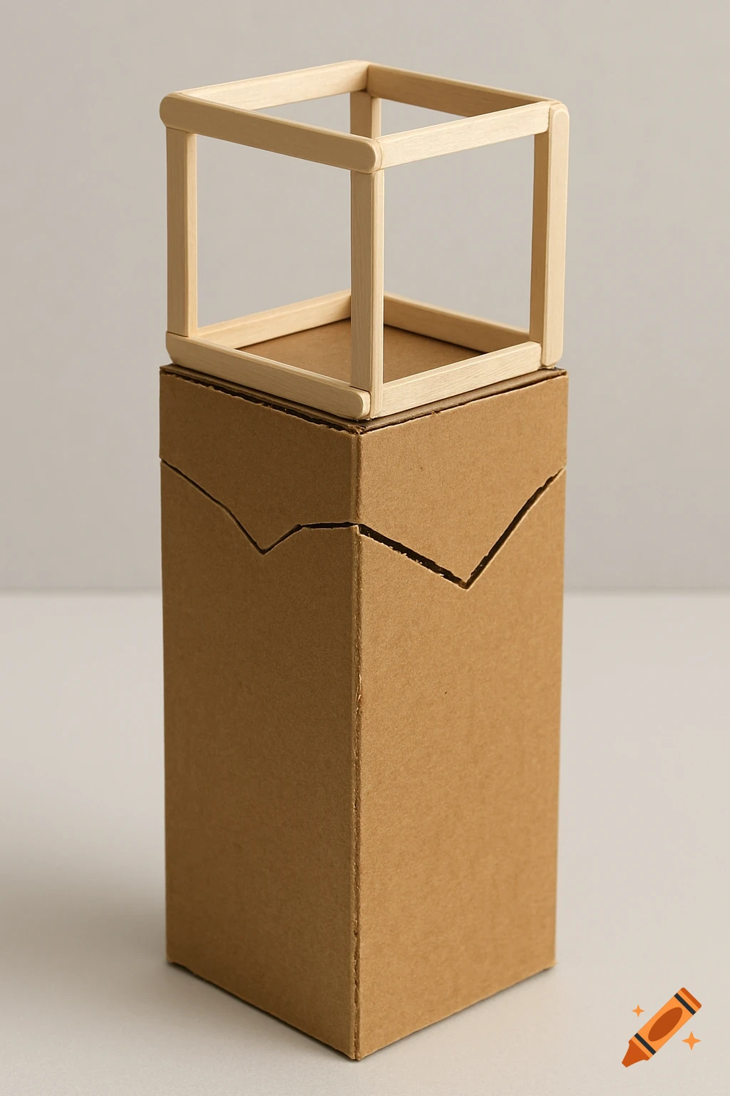 Cardboard box with zigzag cuts topped by a popsicle stick cube frame