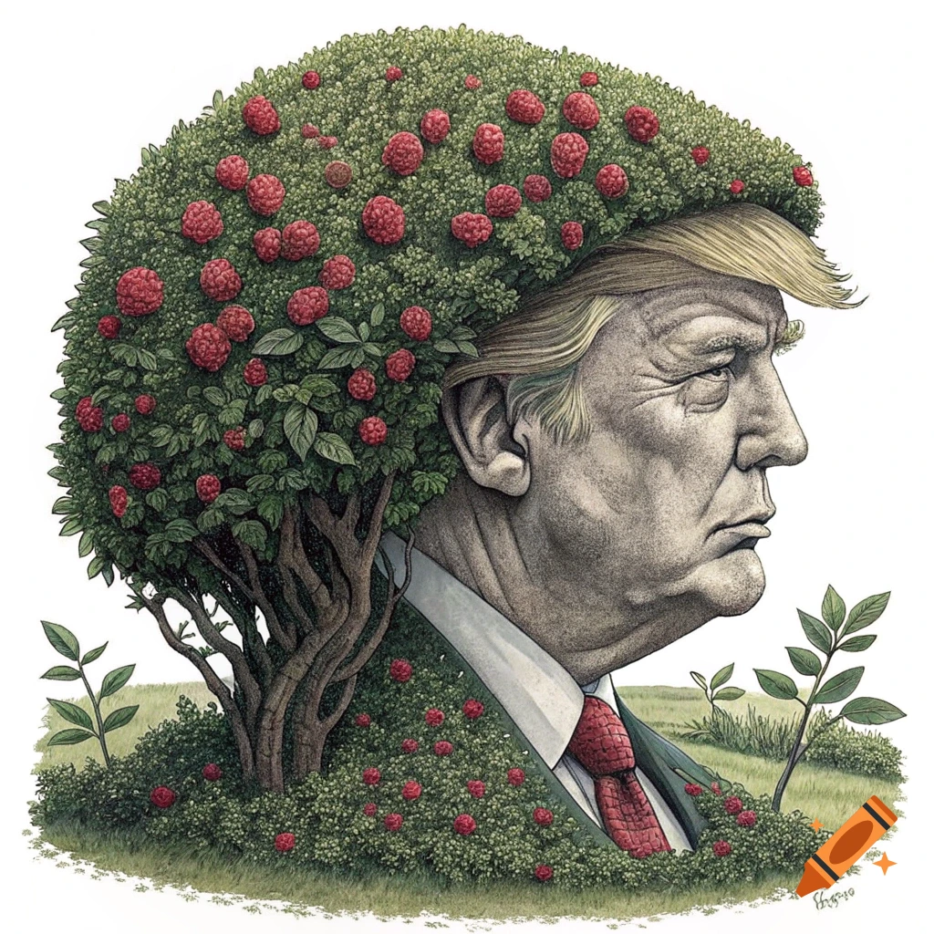 Caricature of Donald Trump's head as a raspberry bush in a field