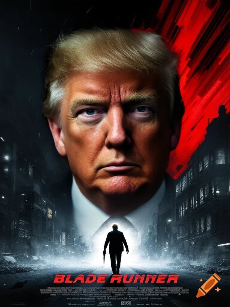 Movie poster with Donald Trump's face looming over a figure walking in a rainy, futuristic city, in the style of Blade Runner.