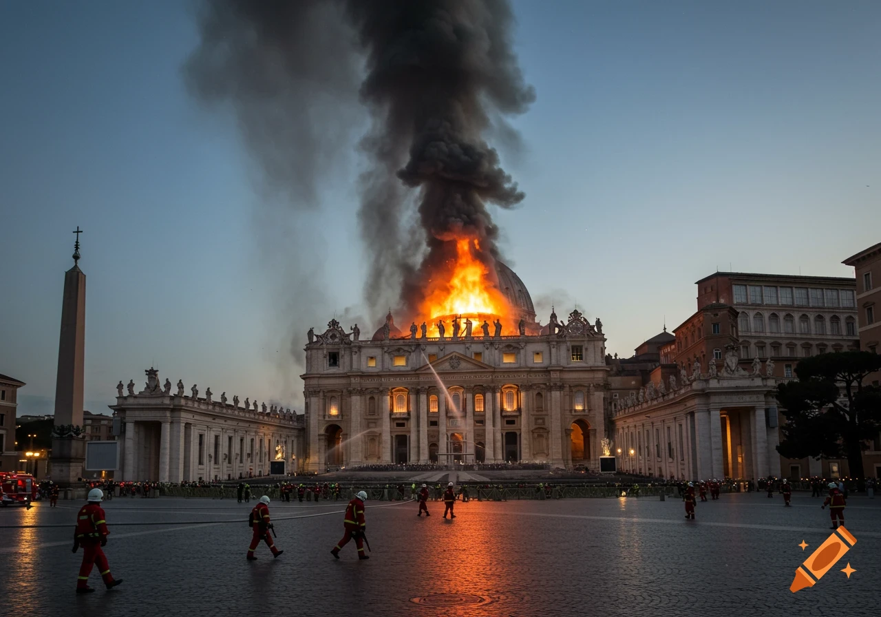 Smoke and flames erupt from the dome of a large cathedral as firefighters work in the square below.