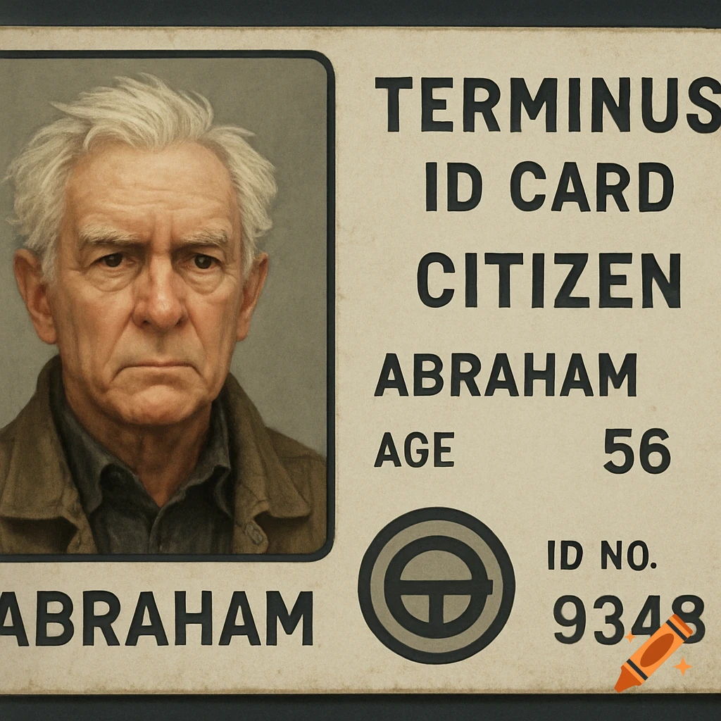 Photorealistic portrait of an elderly man with white hair on a 'Terminus ID Card' showing name 'Abraham' and age '56'.