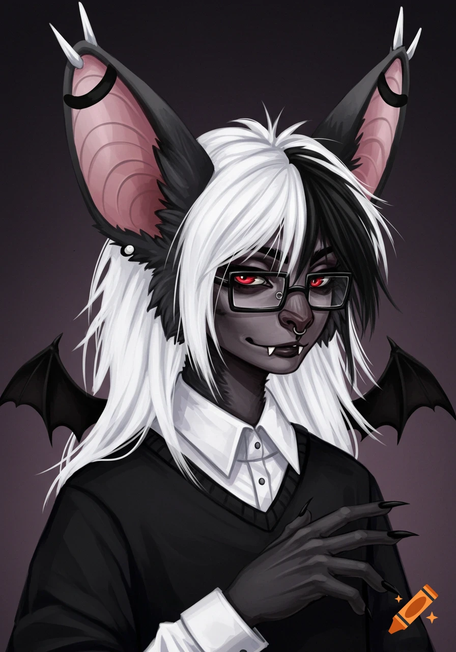 Portrait of an anthro bat character with split black and white hair, glasses, red eyes, and fangs.