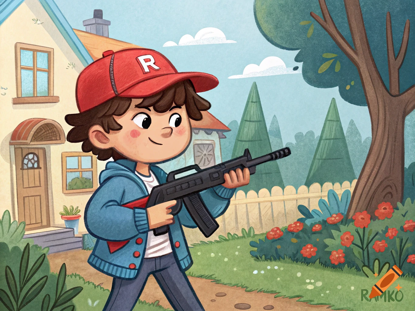 Cartoon illustration of a boy in a red cap and blue jacket holding a toy assault rifle in a suburban yard.