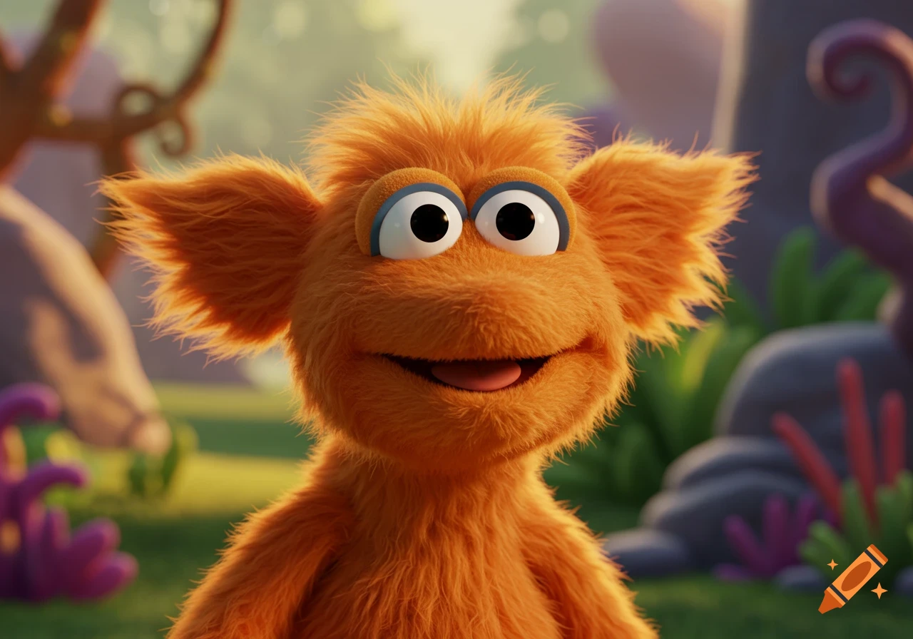 Fuzzy orange puppet character smiles in a fantasy environment