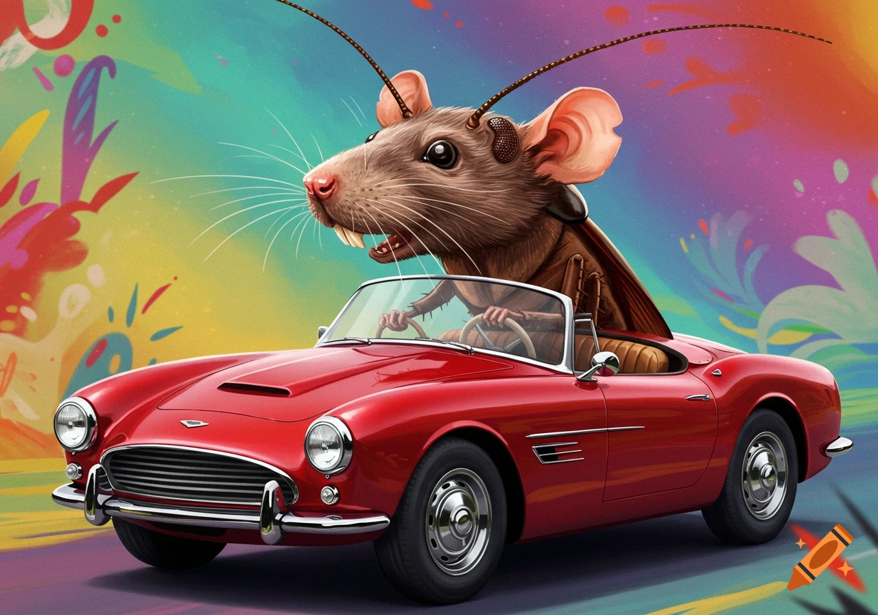A surreal image shows a rat-faced roach wearing goggles driving a red ...