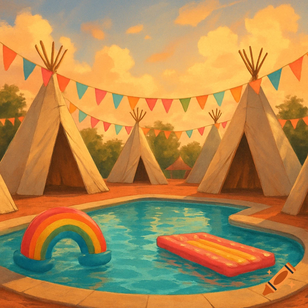 Teepees and colorful banners surrounding a swimming pool with a rainbow and a rectangular inflatable.