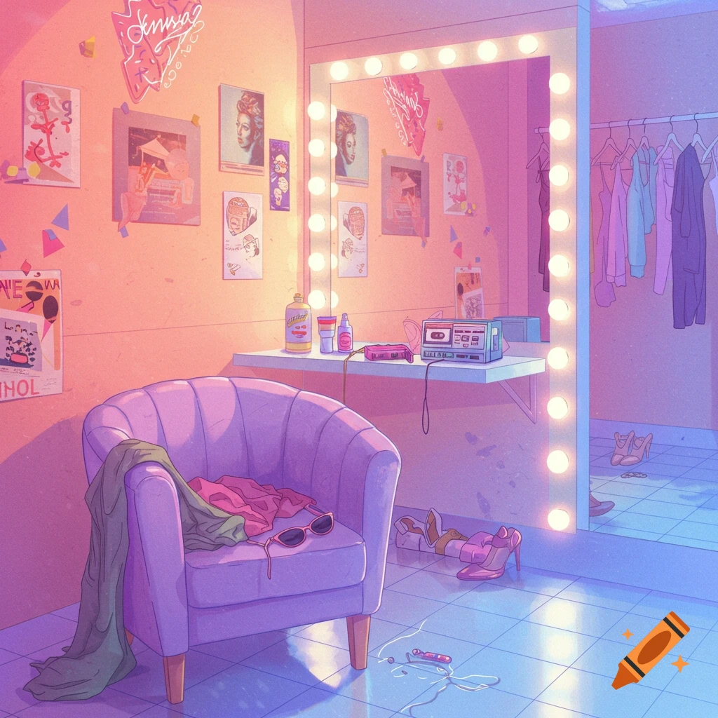 A vaporwave-style dressing room with a chair, vanity, mirror, and clothes rack.