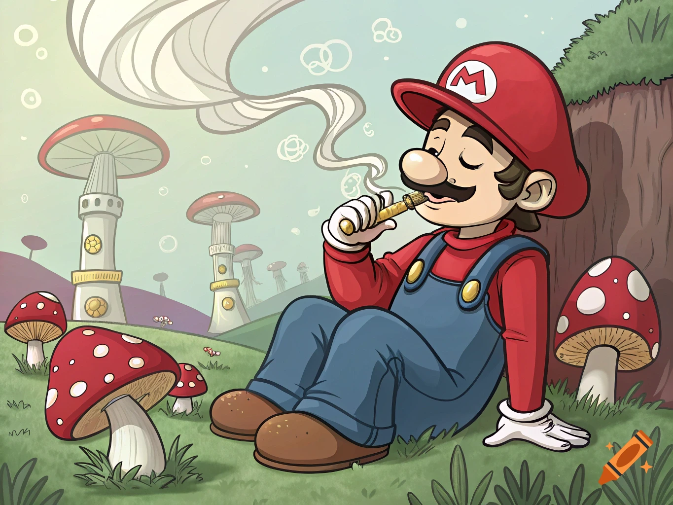 Cartoon illustration of Mario smoking a vape in the mushroom kingdom.