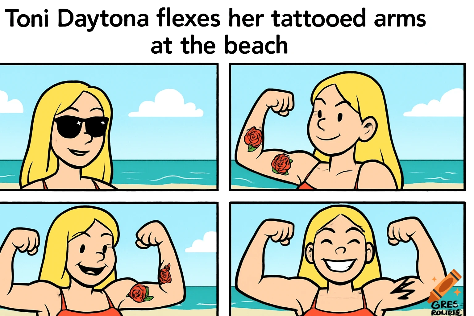 Cartoon comic strip of a woman flexing her tattooed arms at the beach