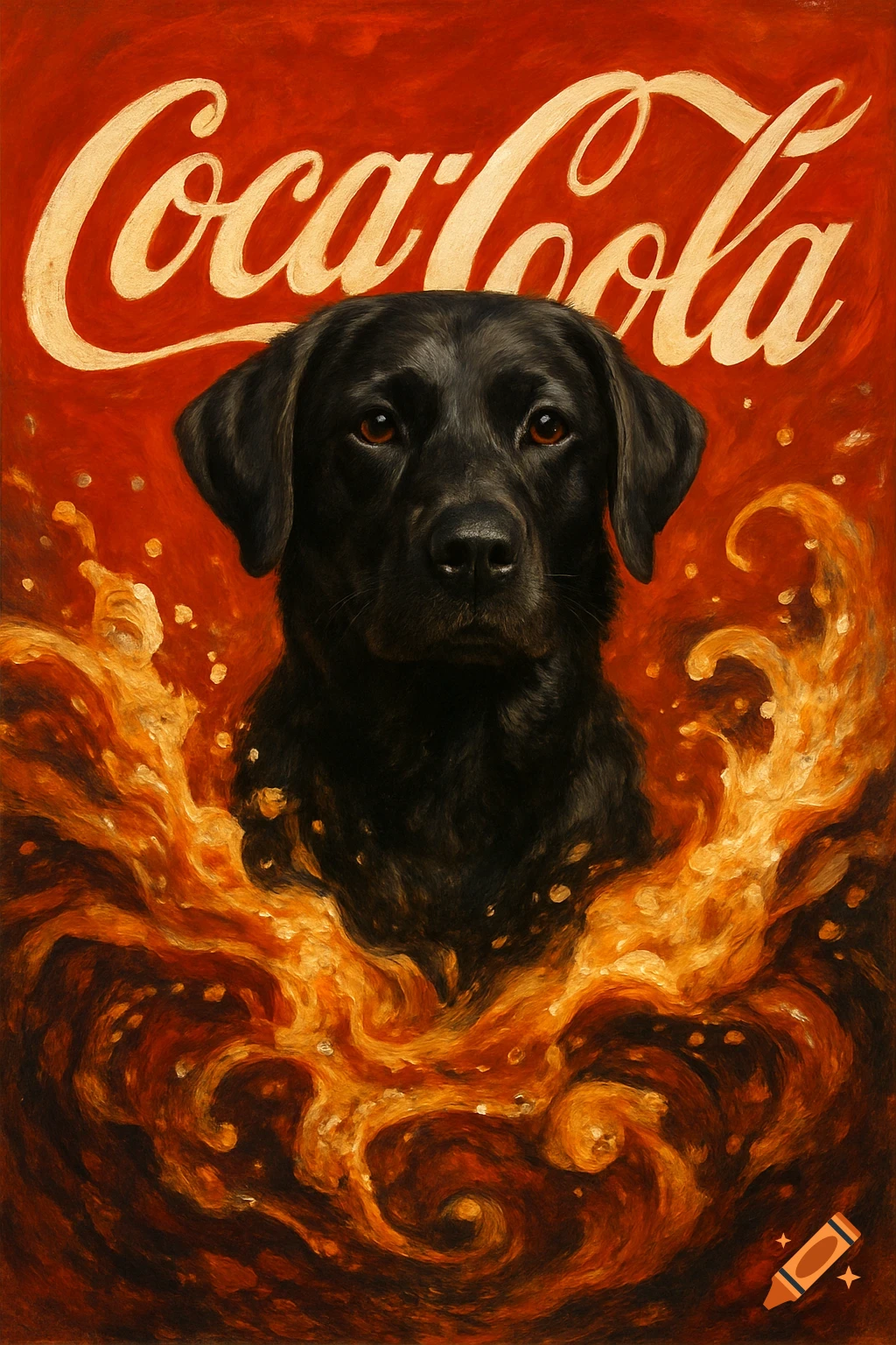 Painting of a black dog emerging from liquid swirl with Coca-Cola logo above.