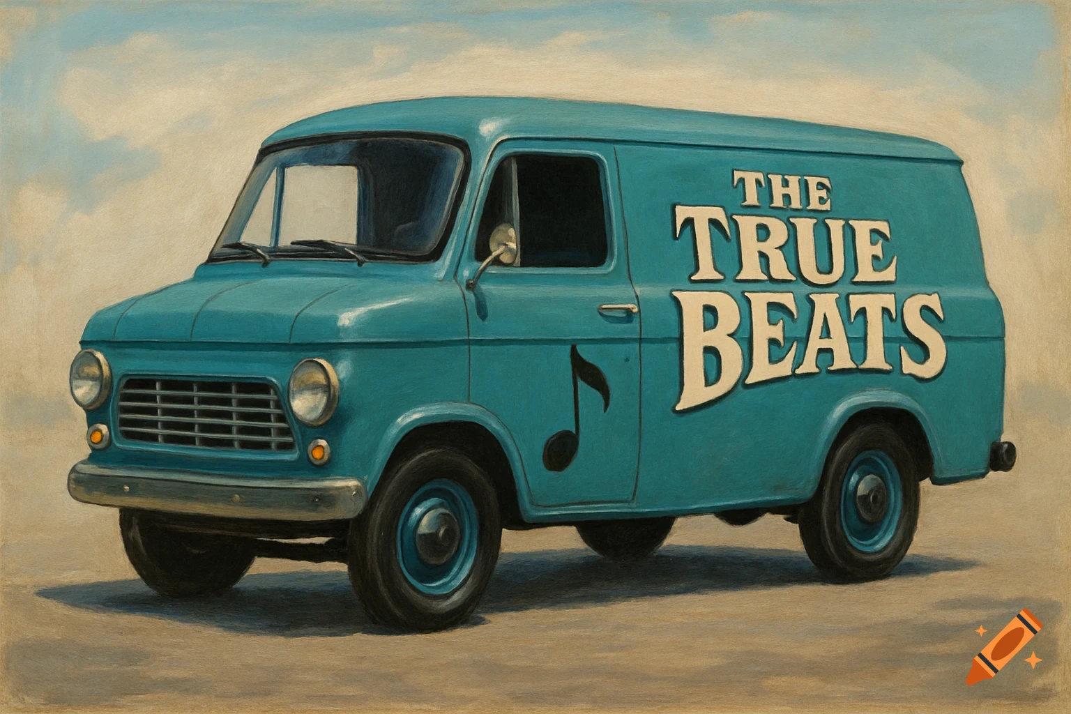 Retro blue panel van with 'THE TRUE BEATS' and a musical note painted on the side, painterly style.