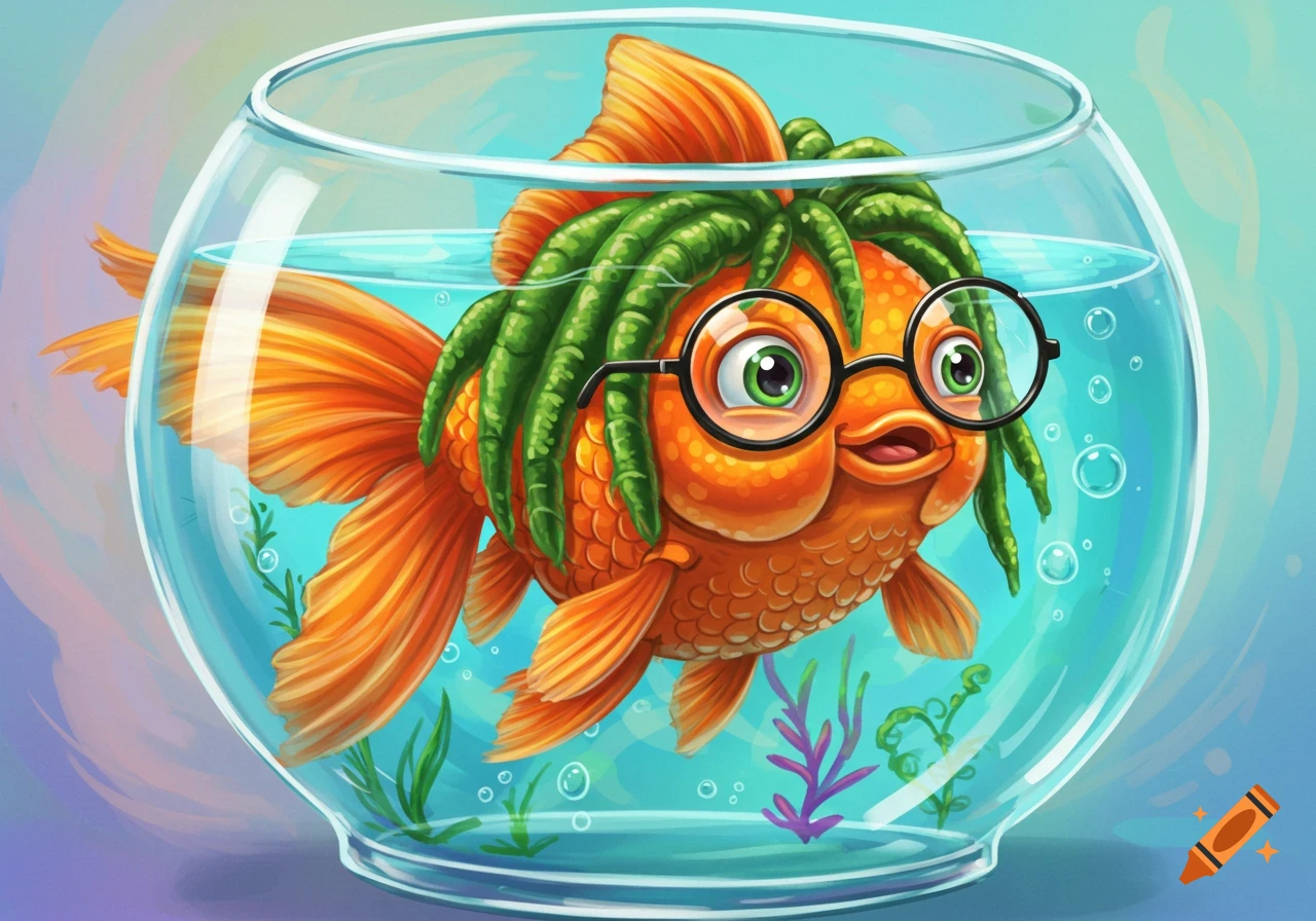 A cartoon goldfish with dreadlocks and glasses in a fishbowl