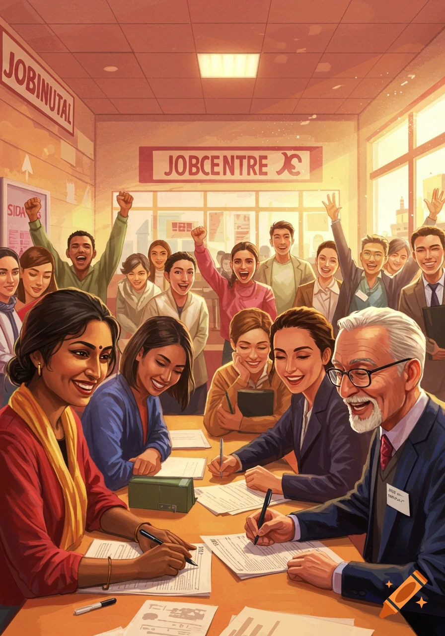 Illustrative scene in a job centre with people cheering and signing papers