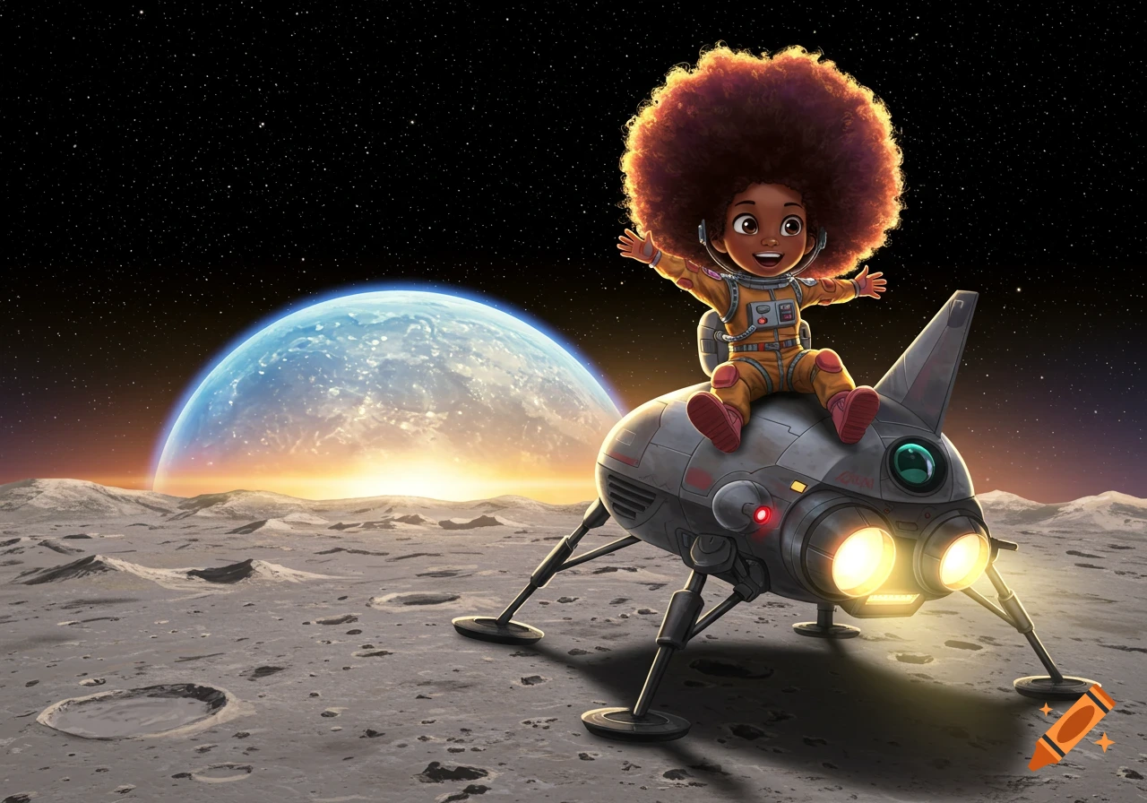 A young child astronaut with an afro sits on a spaceship landing on the moon with Earth in the background.