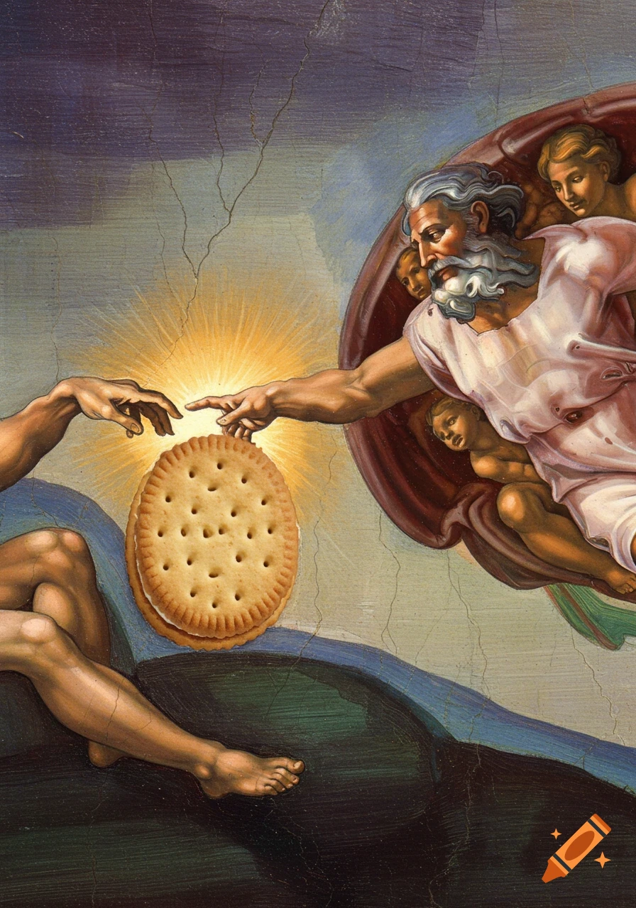 Parody of Michelangelo's Creation of Adam with God reaching out to a large cream biscuit.