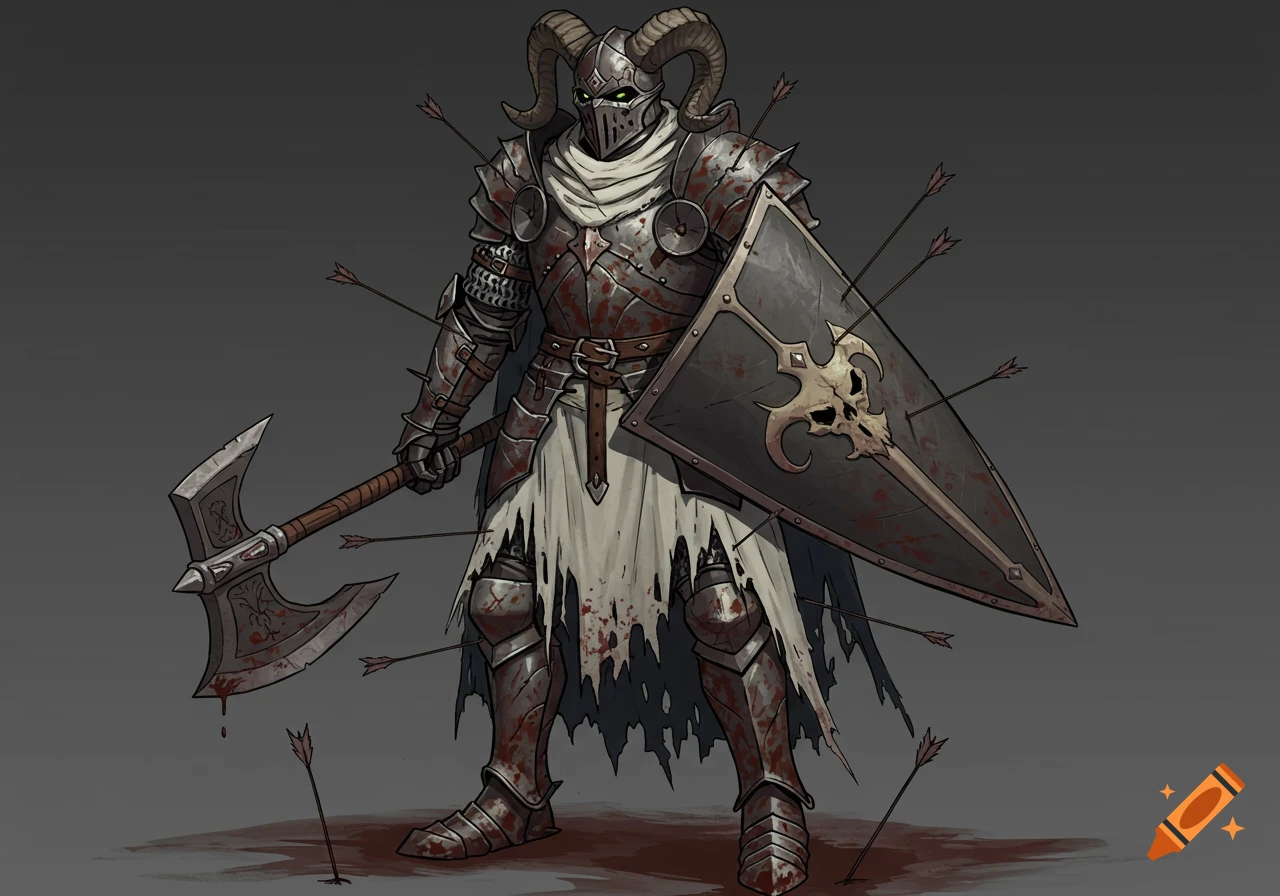 Dark fantasy illustration of a ram-horned knight in armor pierced by arrows, holding an axe and skull shield.