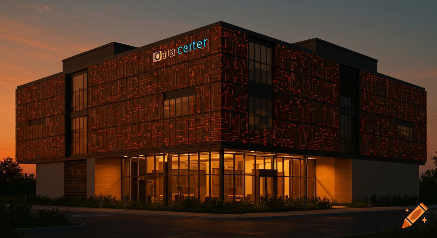 Modern building with circuit board pattern at sunset labeled Data center